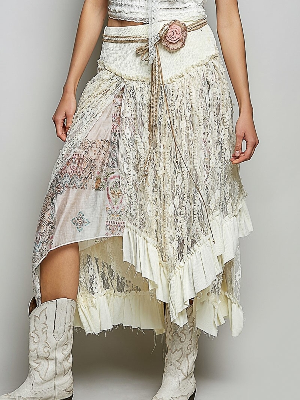 NWOT POL Bohemian Lace Layered Cream Midi Skirt - Picture 2 of 5